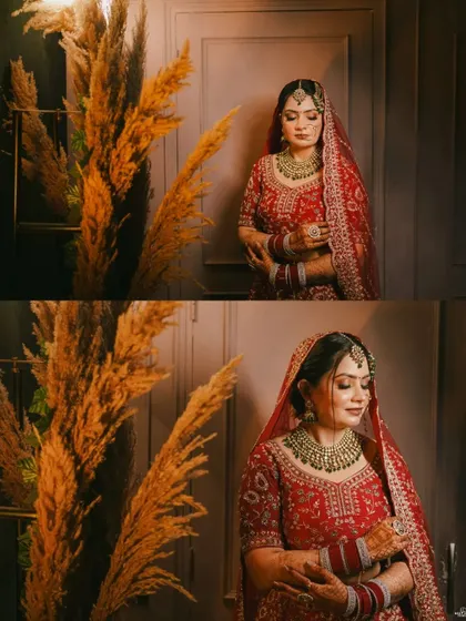A diptych of the bride, capturing her serene expressions and the beautiful details of her wedding attire and makeup.