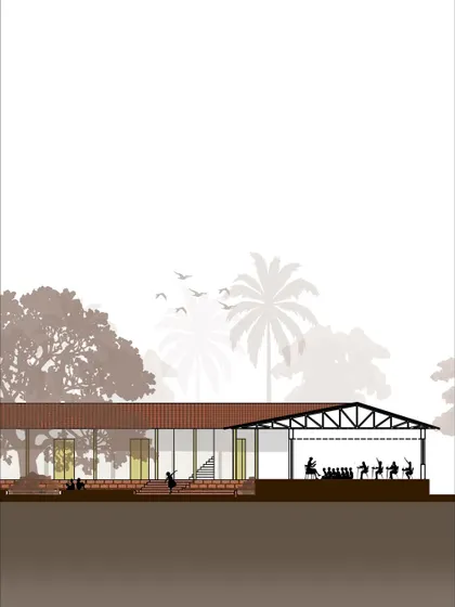A cross-section drawing reveals the internal structure and layout of the campus buildings, including the assembly area. This level of detailed planning is how we ensure our spaces are not only beautiful but also highly functional.