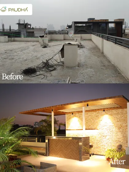 From a messy rooftop to a luxurious bar and lounge. This before-and-after highlights how we can create a perfect entertainment spot with a custom bar, stone wall features, and dramatic lighting.