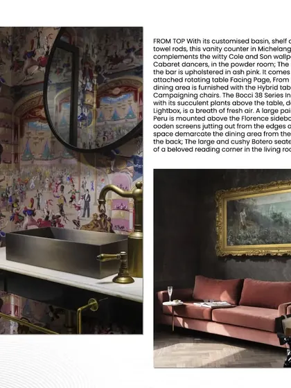 Details from the Elle Decor feature, showcasing the whimsical powder room with its 'Cole and Son' wallpaper and a cozy reading corner with a plush pink sofa.