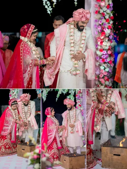 A collage of the pheras and other rituals around the sacred fire at a beautiful nighttime wedding ceremony.