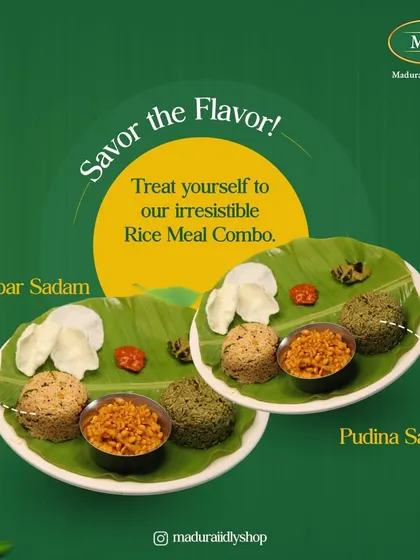 Elevate your meal with our irresistible rice combos. This image showcases our Sambar Sadam and Pudina Sadam, two distinct and flavorful options.