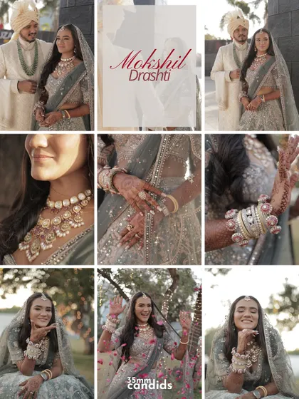 A beautiful collage from Mokshil and Drashti's wedding, showcasing their elegant outfits, bridal details, and happy moments as part of our 2024 wrap-up.