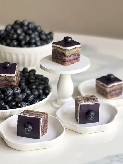 The blueberry opera gateau is made with a house-made blueberry jam, giving it a deep, natural flavor and a stunning purple hue.