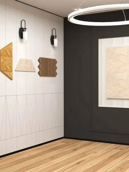 A render of a display wall for our first retail project. We designed this feature to showcase wood samples as geometric art pieces, illuminated by modern wall sconces.