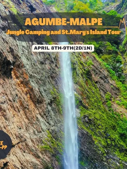 The official poster for my Agumbe-Malpe tour, showcasing the stunning waterfall and detailing the jungle camping and St. Mary's Island visit.