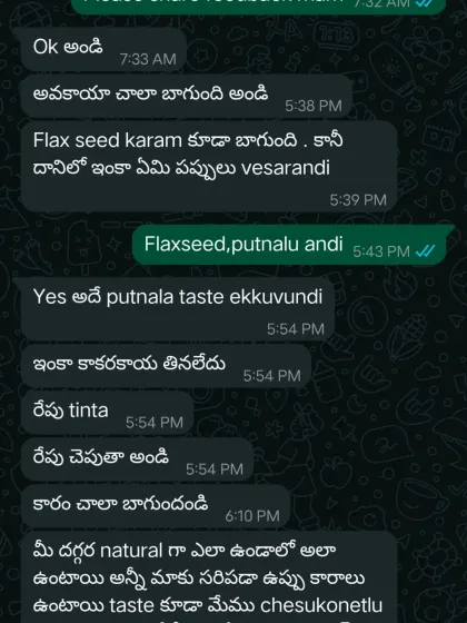 A customer praising my Avakaya and asking about the ingredients in my Flax Seed karam. I love these conversations and how my pickles taste just like they would if made in your own home.
