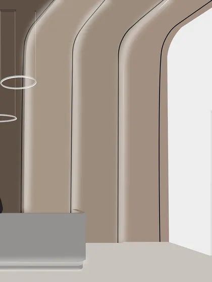 A close-up of the illustrated reception, focusing on how recessed and pendant lighting work together to define the architecture and create a sophisticated mood.