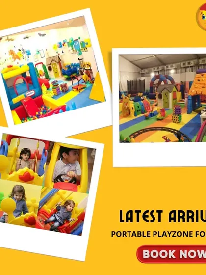 Latest arrivals, portable playzone for you. This collage, designed like polaroids, shows a variety of new and trendy setups, including close-ups of kids enjoying the toys.