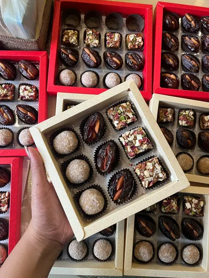 We love creating custom wedding favors. These assorted boxes of our healthy mithai are a sweet way to thank your guests.