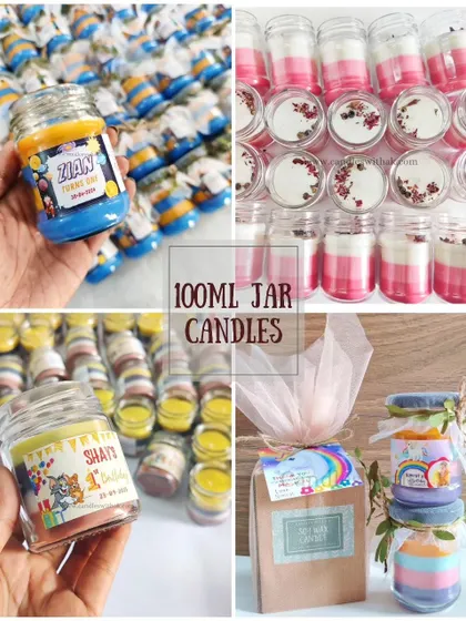 A collage showcasing different styles of 100ml jar candles, perfect for birthday return gifts, including layered designs and custom themes like Tom & Jerry.