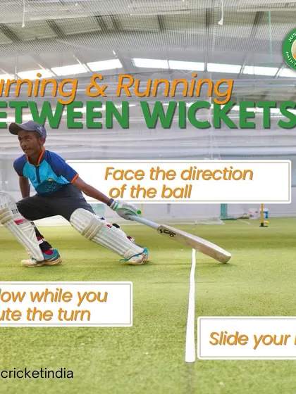 Master the art of turning and running between the wickets. This graphic breaks down how to stay low, slide the bat, and face the ball for quick and safe runs.