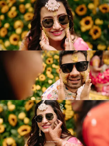 A triptych showing friends and family lovingly applying Haldi to the bride and groom's faces.