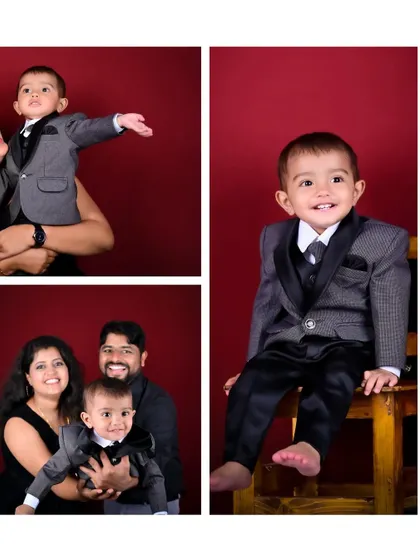 Dressed to impress! This collage showcases a fun and formal studio session for a little gentleman. From his charming solo portraits to the loving family shots, it shows the variety we can capture in a single session.