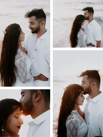 A multi-panel collage of a couple's romantic beach photoshoot in white outfits.