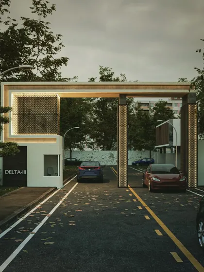 The same entrance gate render, showing the fine details of the design. This visualization helps the client approve the materials, colors, and overall aesthetic before any construction work begins.