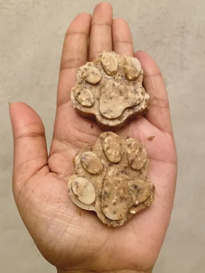 Two paw-shaped energy bites ready to be enjoyed. They are a perfect size for a quick and healthy snack.