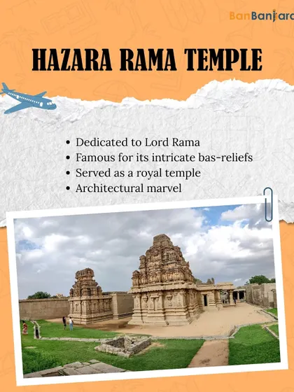 The Hazara Rama Temple, which once served as the royal temple of the Vijayanagara Empire. Its famous bas-reliefs narrate the story of the Ramayana, making it an architectural marvel.