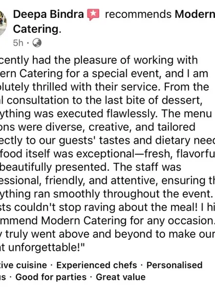 We are thrilled to receive such a detailed and positive review from Deepa Bindra. Her comments on our diverse menu, flawless execution, and professional staff are a great source of pride for our team.