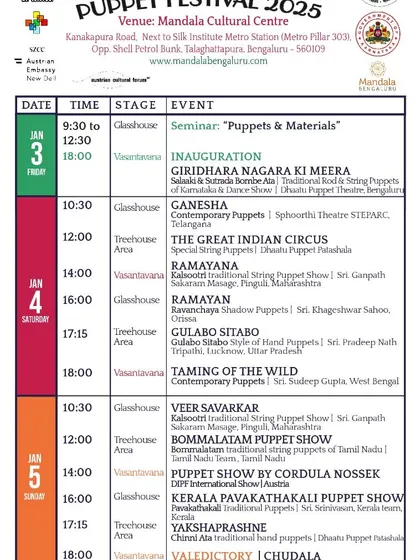 The complete schedule grid for the Dhaatu International Puppet Festival 2025.