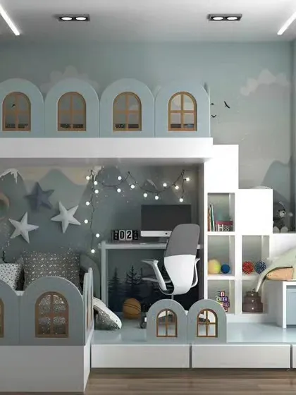 A whimsical and imaginative shared bedroom design with two beds and a central desk area. The unique, arched loft structure and fairy lights create a magical atmosphere for siblings.