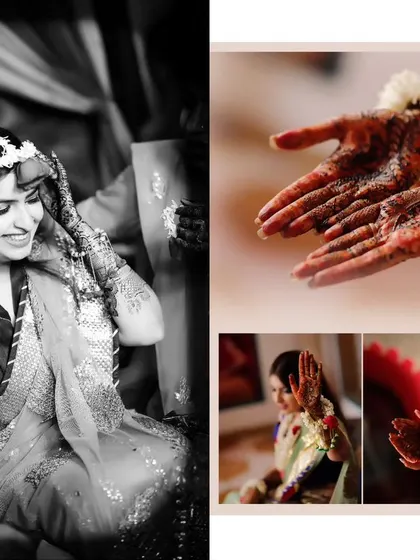 An album-style layout showing the Mehendi ceremony. It combines a beautiful black and white portrait with smaller colour photos of the intricate henna details.