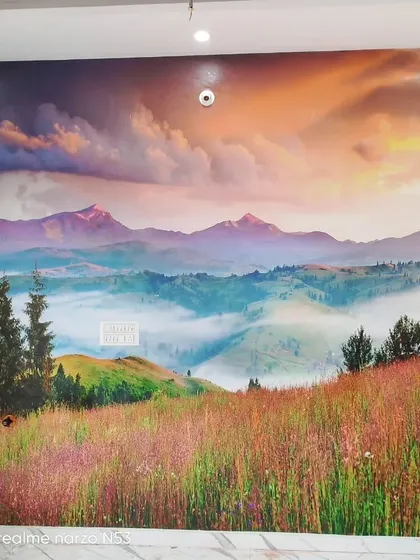 Another angle of the mountain landscape mural, showing the full width and impact of the scene.