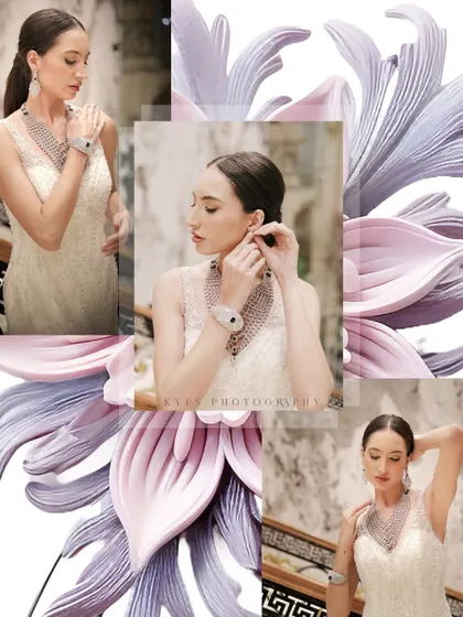 An artistic collage from a fashion and jewelry photoshoot. The model's elegant poses are blended with floral graphics, creating a soft and sophisticated visual.