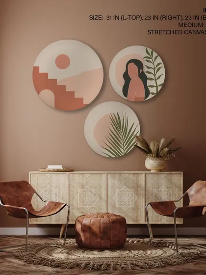 This set of three circular stretched canvas prints captures the essence of bohemian design. Featuring abstract stairs, a stylized portrait, and botanical elements, it tells a story of nature and architecture in warm, earthy tones.