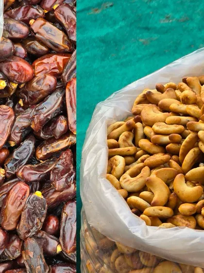 A simple but rich composition of dates and cashew biscuits ready for sale.