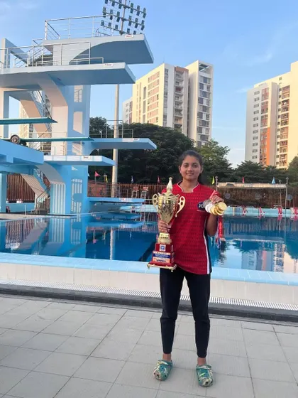Champion mode activated. Shrungi Rajesh Bandekar stands with her trophy and medals after an incredible haul at the South West Inter University Championship.