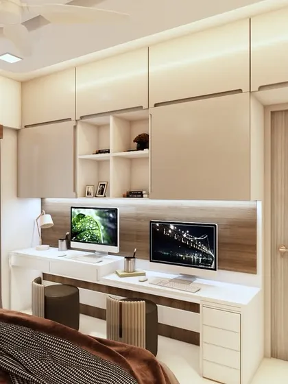 This 3D render shows a design concept for a bedroom with an integrated dual-monitor workstation. It's perfect for clients who need a dedicated home office space within their bedroom.