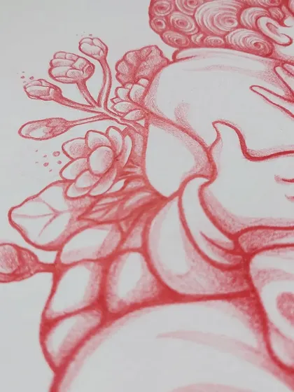 A detail shot of the floral elements in the Mother's Day piece, which add a layer of tenderness and life to the drawing.