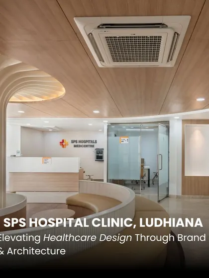 The interior of the SPS Hospital Clinic elevates healthcare design by balancing efficiency with empathy. The reception area features a sculptural column and curved seating, creating a welcoming and non-clinical atmosphere.