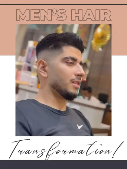 The final result of a men's hair transformation, showcasing a perfect fade and a well-defined beard.