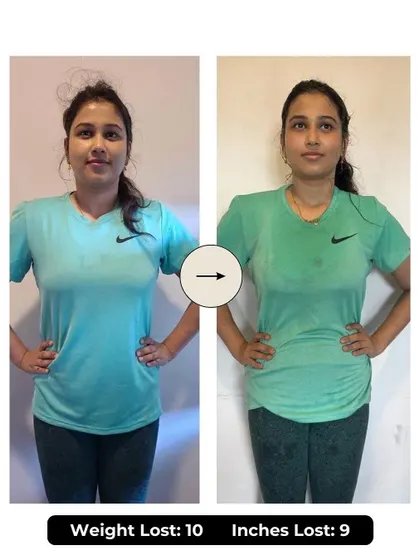 Nadia's phenomenal 6-week progress: 10 kgs and 9 inches lost. She went from poor hydration and minimal steps to following a disciplined diet and gradually lifting heavier.