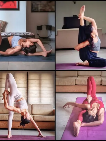 A collage showing different variations of compass pose, both seated and reclining. It highlights how one theme, like hip opening, can be explored in many different ways.