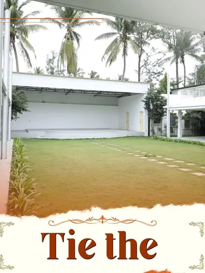 "Tie the Knot at The Venue." This image showcases the beautiful lawn and outdoor stage area, perfect for wedding ceremonies and receptions in a natural setting.