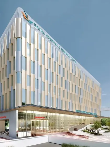 The upcoming redevelopment of Batra Hospital will transform the campus into a 1.2 million sq. ft. super-speciality environment. This rendering shows the new 500-bed hospital, designed to integrate cutting-edge technology with empathy-driven care.