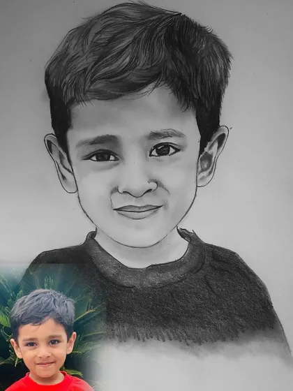 Here you can see the final sketch next to the reference photo for this child's portrait. It's an A4 sized pencil drawing where I aimed to capture the child's innocent expression.