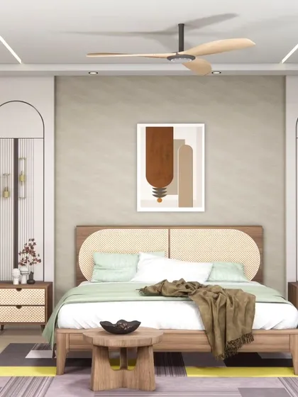 Duplicate of 180. The full view of the rattan-themed bedroom, where earthy tones and natural textures create a calm and relaxing retreat.