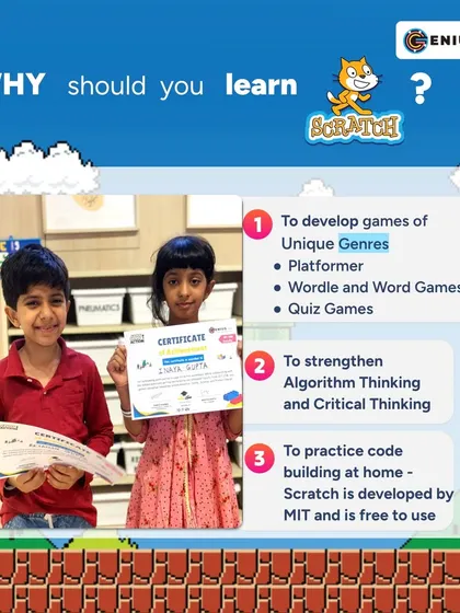 Two students proudly display their certificates after completing a Scratch coding workshop. Learning Scratch helps them develop games, strengthen algorithmic thinking, and practice coding at home.