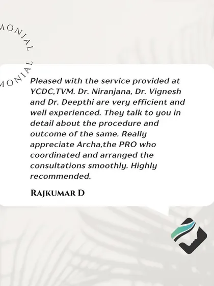 A testimonial from Rajkumar D, who was pleased with the service at my Trivandrum clinic. He notes the efficiency and experience of the doctors and the smooth coordination.