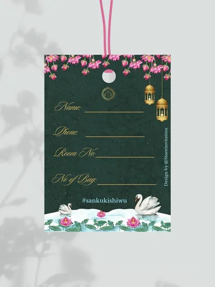 The reverse side of the lotus and swan themed luggage tag provides a practical and beautifully designed space for guests to write their contact information, ensuring the design is as functional as it is lovely.