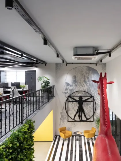 An overhead view of the Da Vinci mural at the Centrix office, also showing the 'Tribute to Geniuses' architectural mural on the upper level.