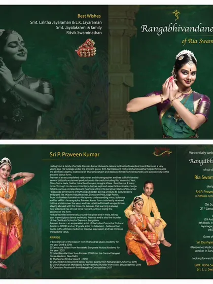The official invitation for the Rangaabhivandane of my student Ria Swaminathan. Each student brings new energy and artistry, and it is a joy to help them prepare for this celebration.