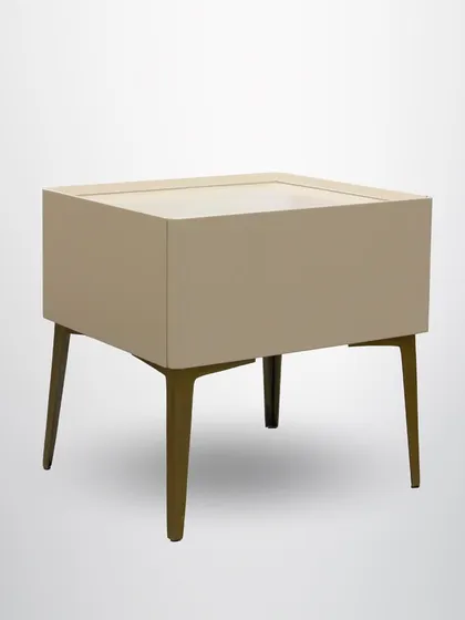 A full view of the minimalist side table, a sophisticated addition to any bedroom or living room.