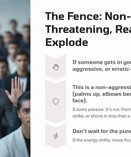 If someone gets in your space, raise your fence. This is a non-aggressive hand position that looks passive but allows you to block, strike, or shove in less than a second. Don't wait for the punch; move first.