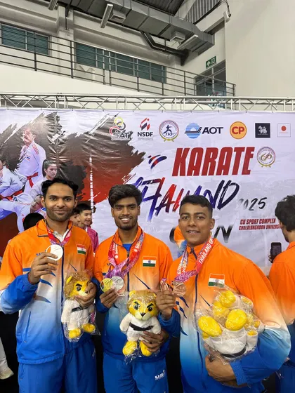 Three of my top fighters, including Harshit and Rajat, showcasing their medals from the Thailand Open. Their success demonstrates the effectiveness of our rigorous training program.