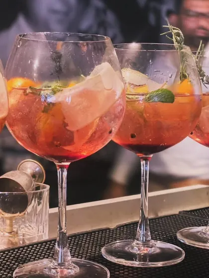 A lineup of gin-based cocktails in large balloon glasses, filled with fruit and herbs. It shows the variety and craft that goes into each pour.